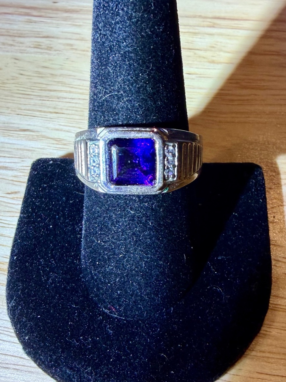 Silver Ring with Square Deep Purple Stone and Accent Crystals made by Karis.
